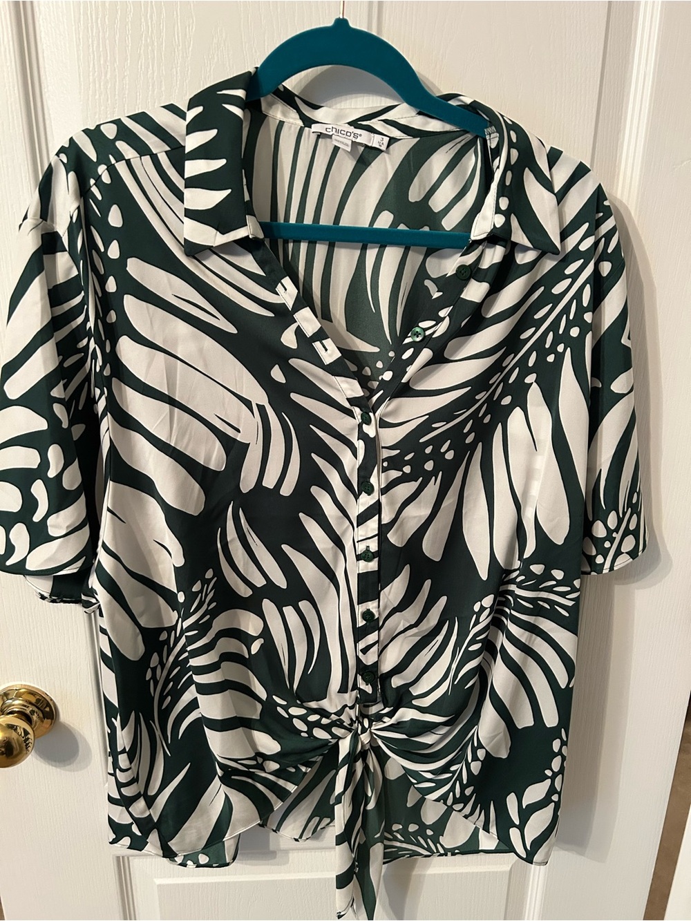 Chico's Dark Green and White Tropical Tie-Front Button Shirt